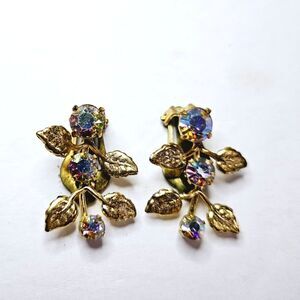 Vintage Austrian Crystal Aurora Borealis Floral Sprig Rhinestone Clip On Earring